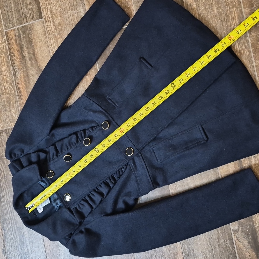 Say What? Navy Blue Ruffle Detail Puff Sleeve Wool Blend Lined Midi Coat, XS - Picture 2 of 11
